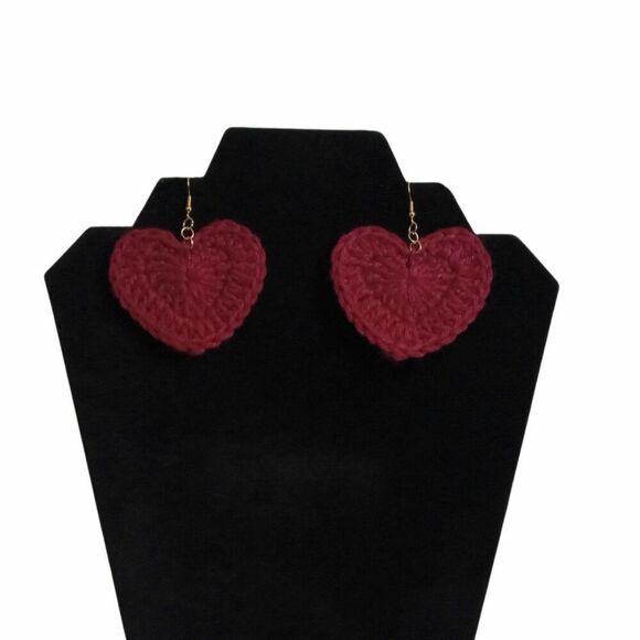 Maroon Red Heart Shaped Lightweight Crochet Dangle Drop Style Handmade Earrings - Picture 1 of 8